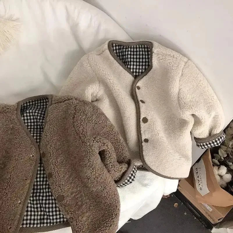 Kids reversible plaid jacket cream color option