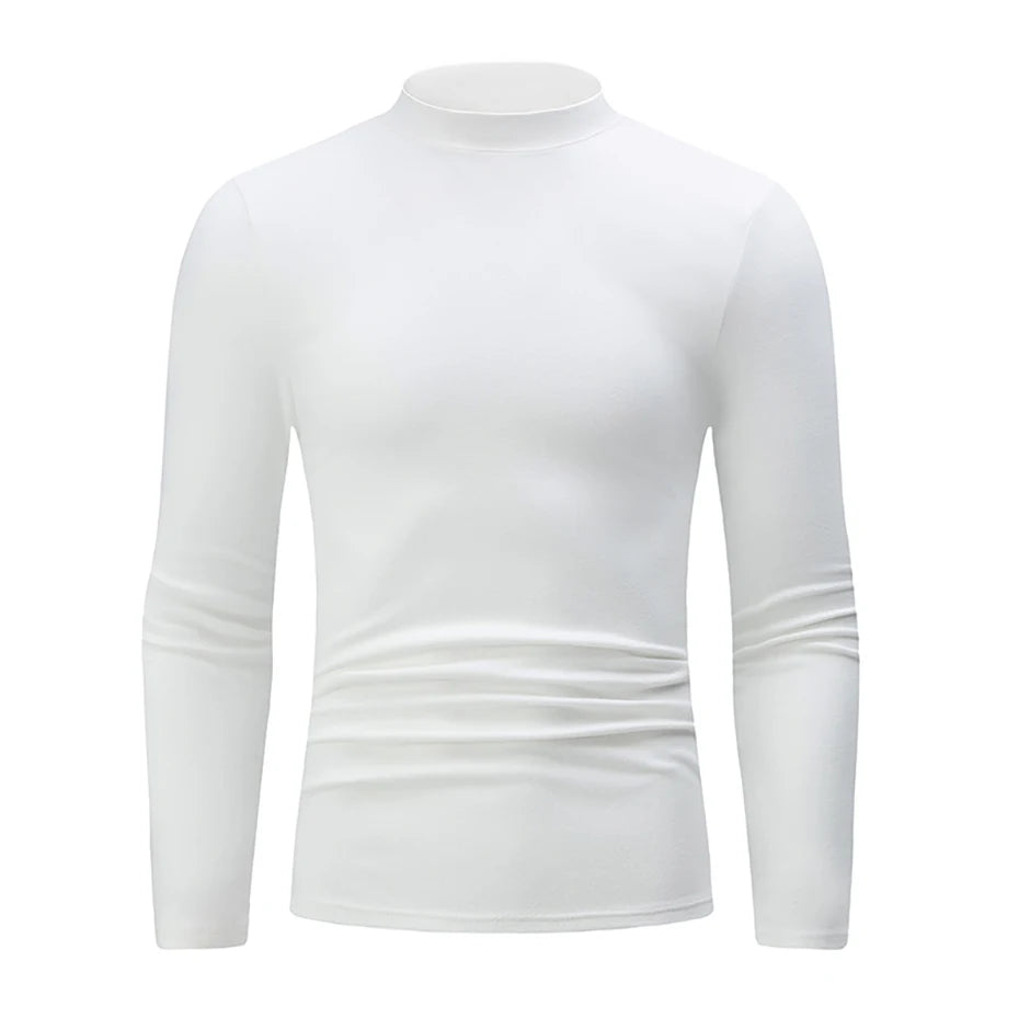 Men's semi-turtleneck long sleeve top worn under jacket