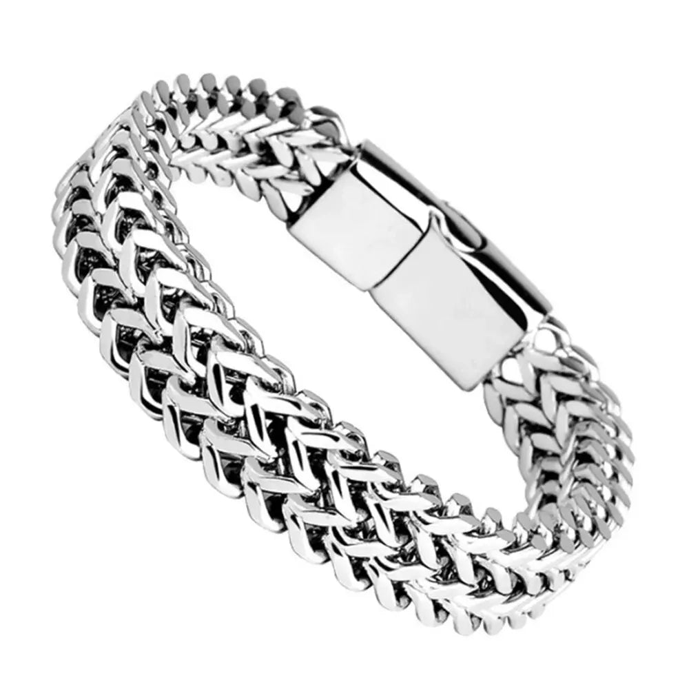 Braided stainless steel bracelet worn on wrist