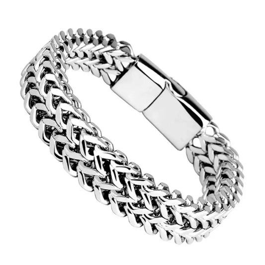Braided stainless steel bracelet worn on wrist
