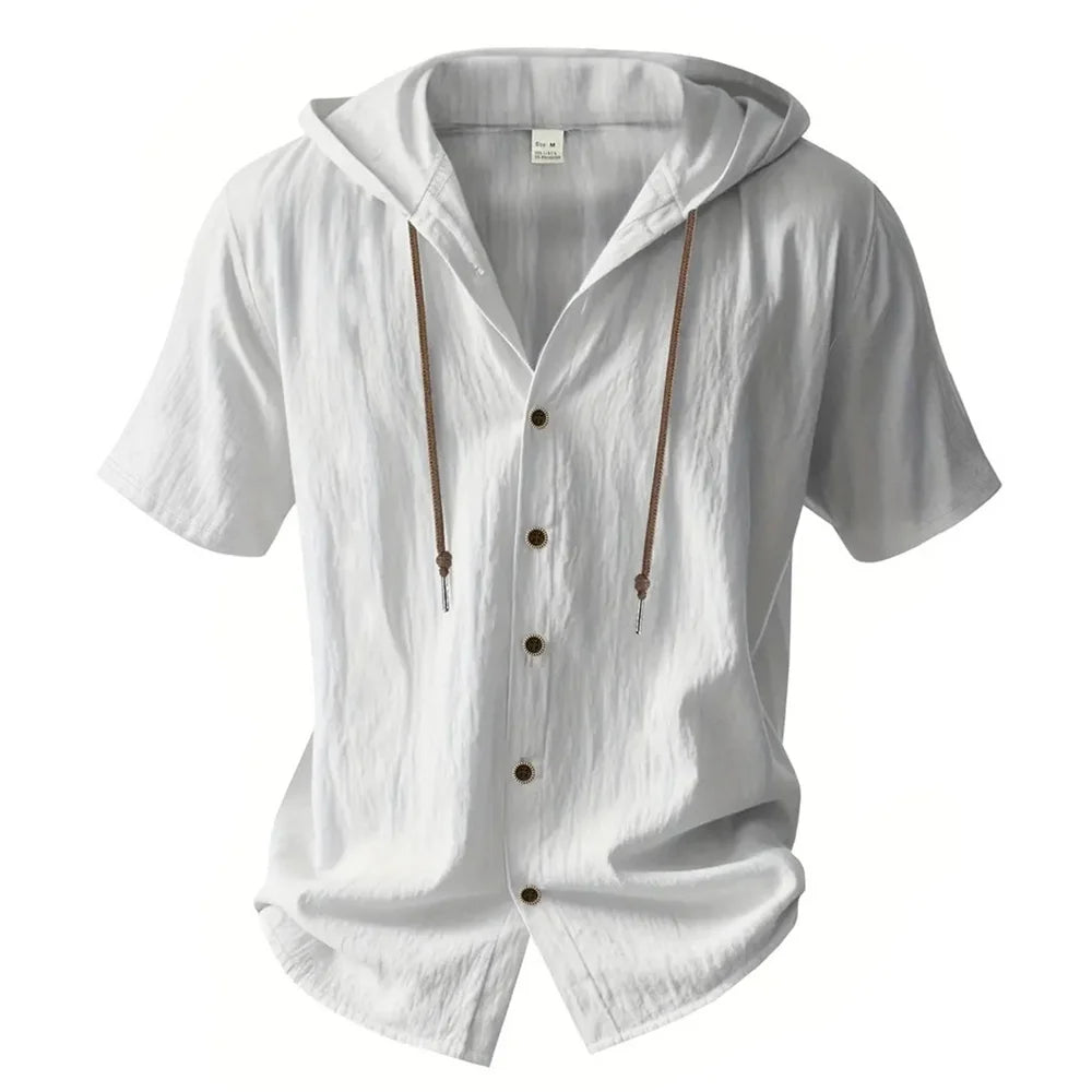 Hooded linen shirt front view white