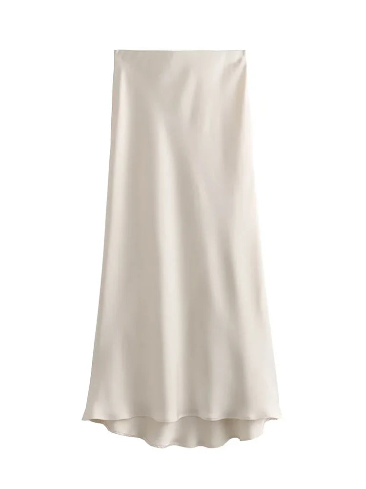 High waist satin midi skirt worn styled outfit white
