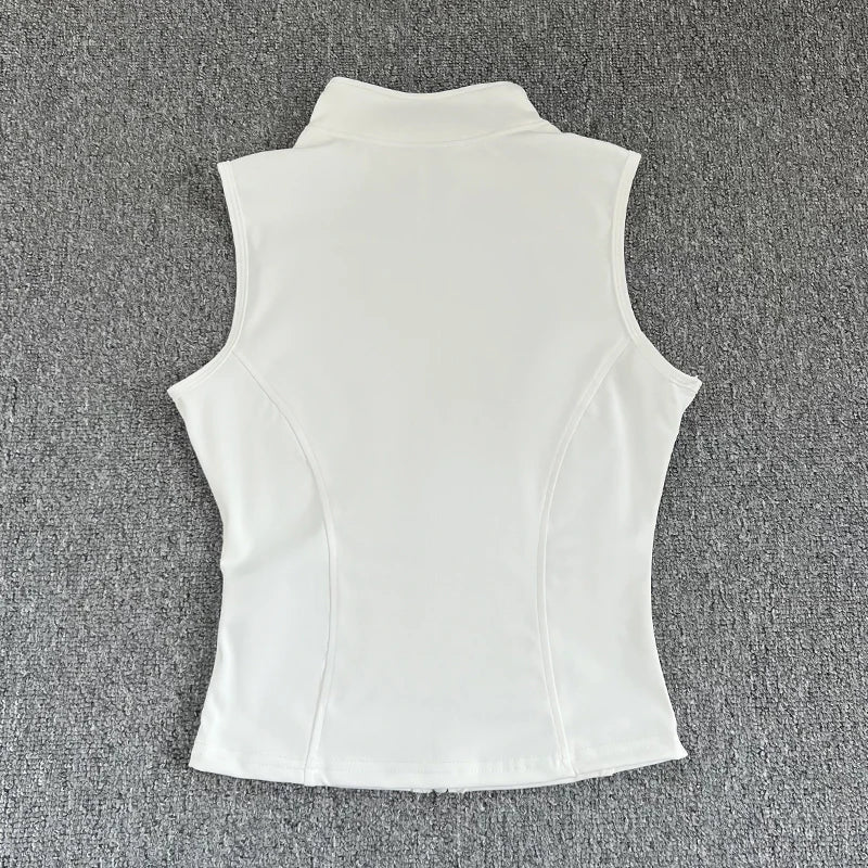 Women's zip-up yoga fitness tank top front view white
