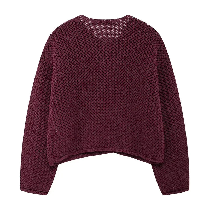 Cropped knit cardigan burgundy flat lay front