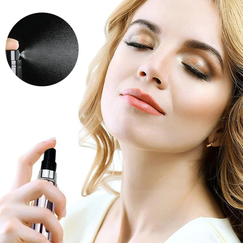 Mini Perfume Atomizer Bottles in silver, black, blue, and gold for stylish travel fragrance.