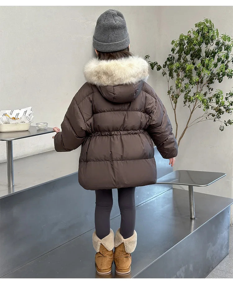 Girls fur-hood winter parka worn by child