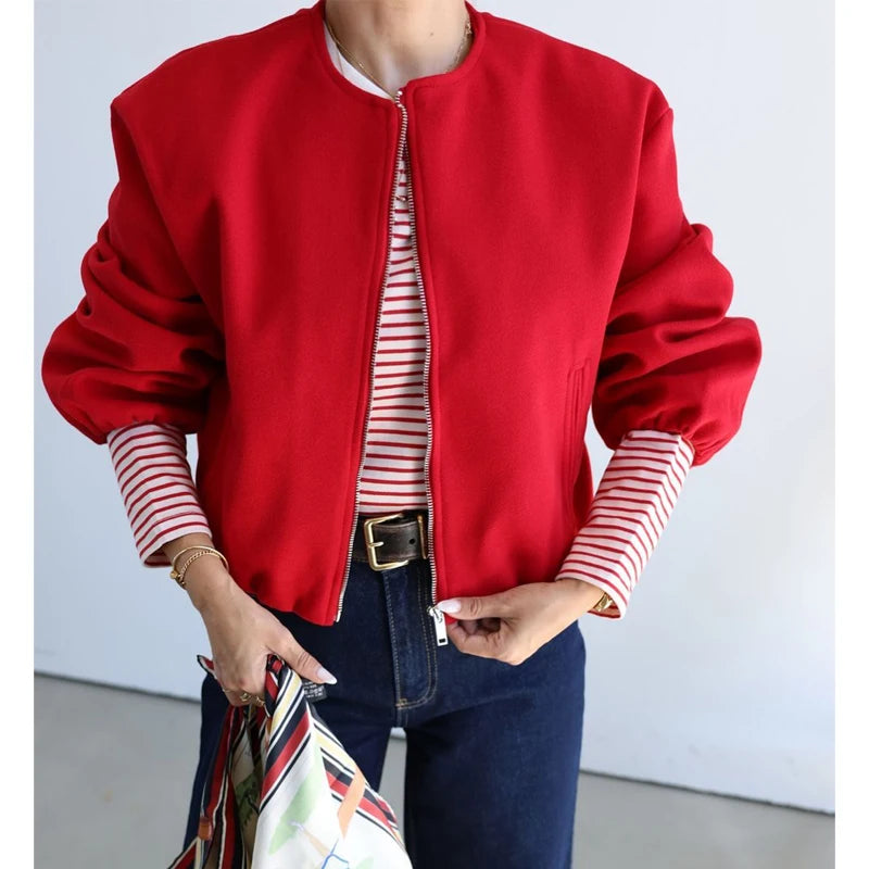 Cropped zip bomber jacket front view red