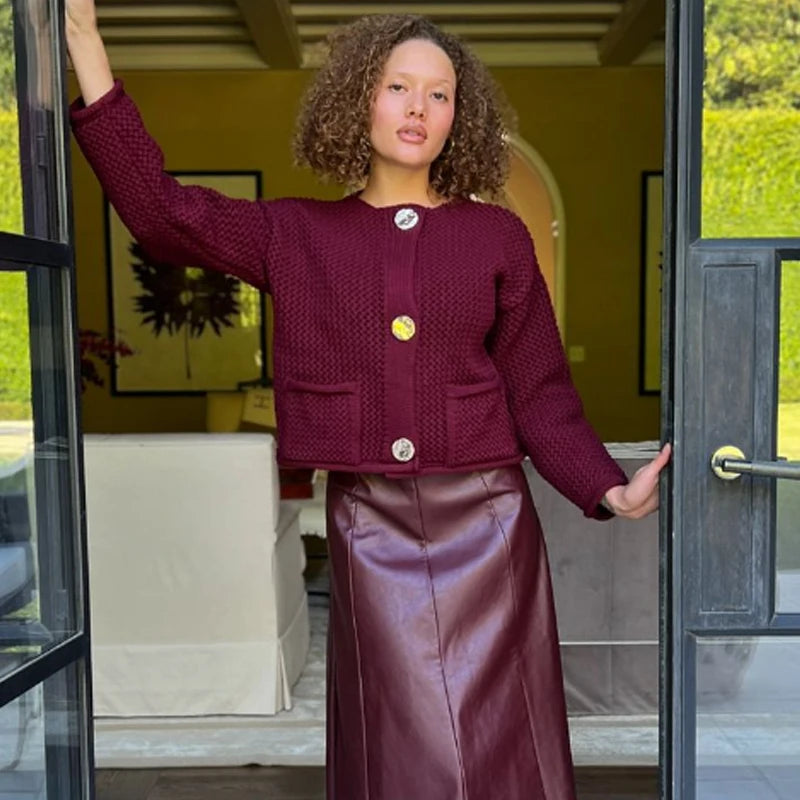 Cropped knit cardigan burgundy full body outdoor