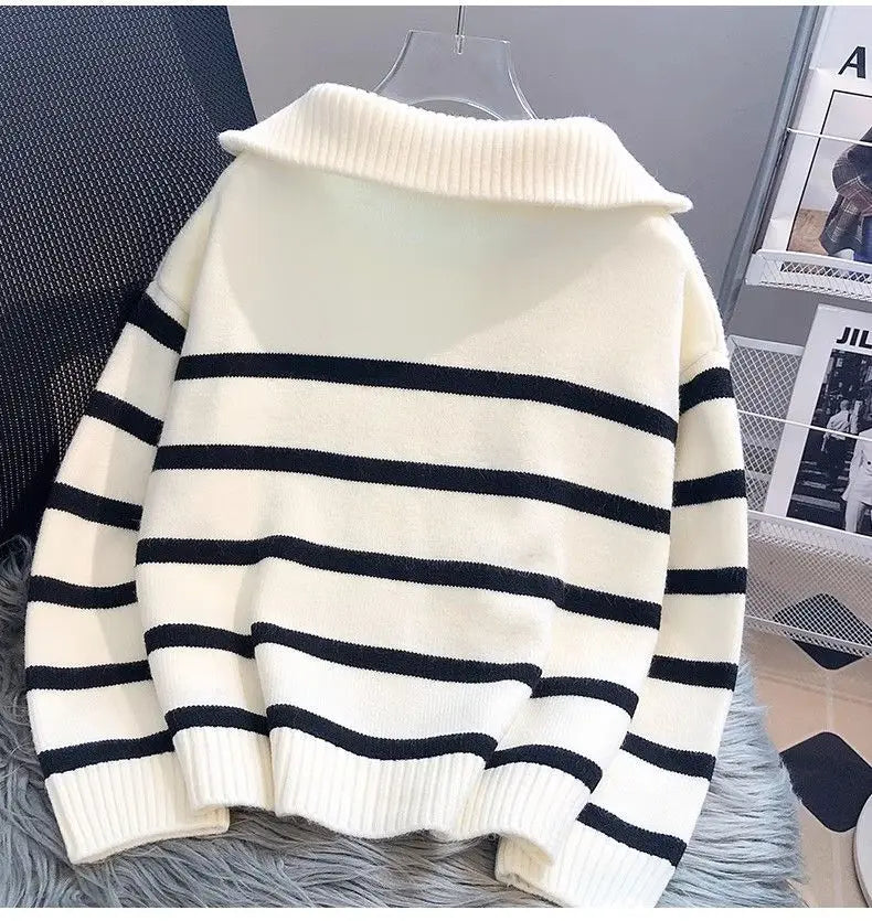 Zip stripe cropped sweater back view beige