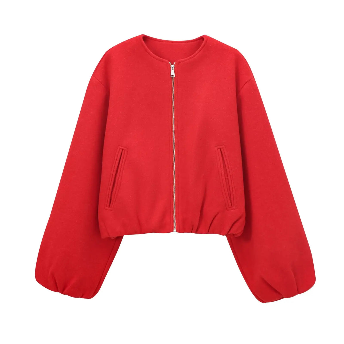 Cropped zip bomber jacket worn styled red