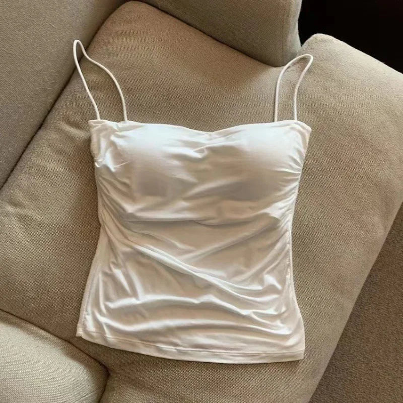 Halter tank top with built-in bra white worn close up