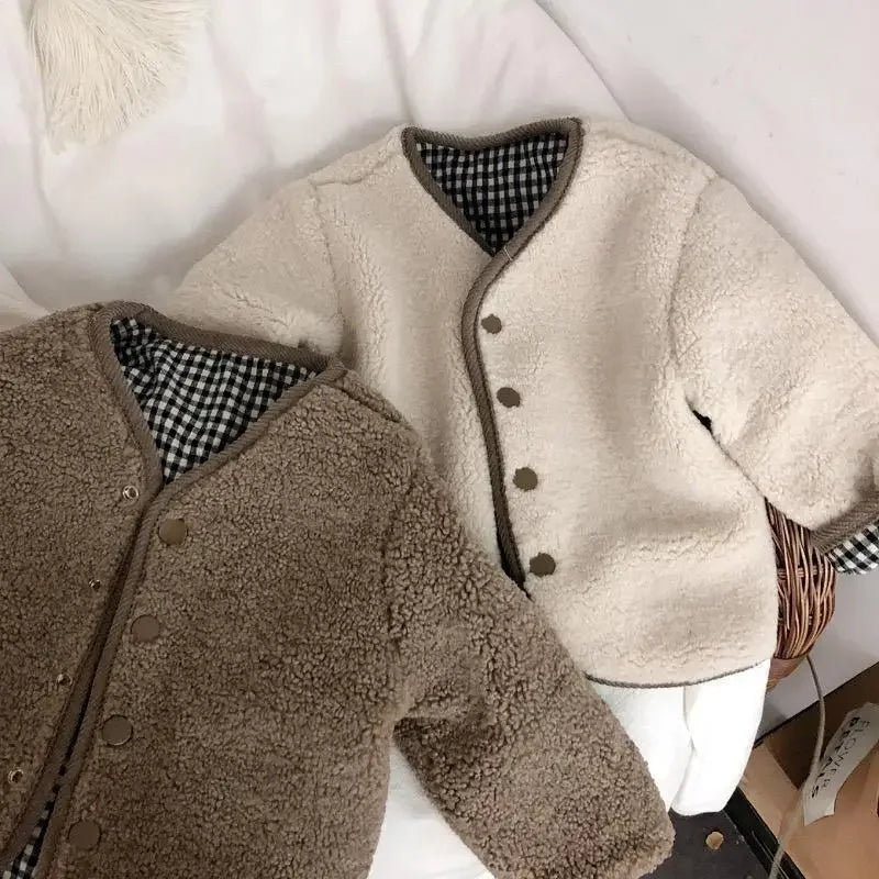 Kids reversible plaid jacket cream color option