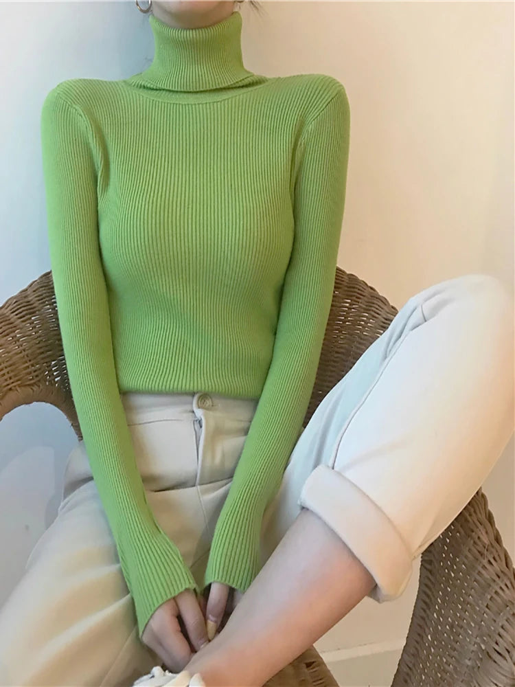 Ribbed Turtleneck Sweater – Women's Slim Winter Pullover
