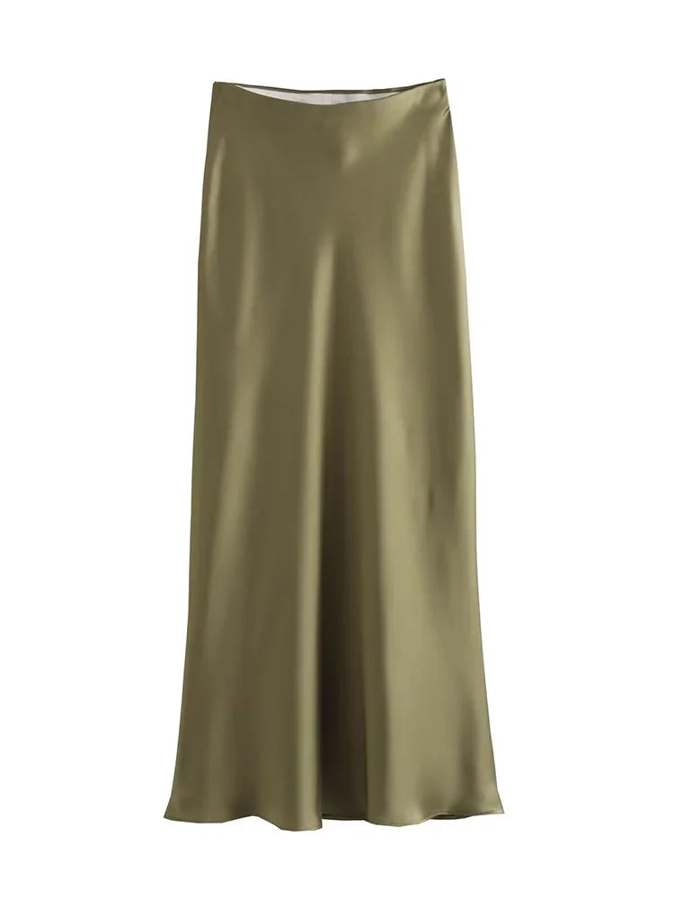High waist satin midi skirt worn styled outfit green