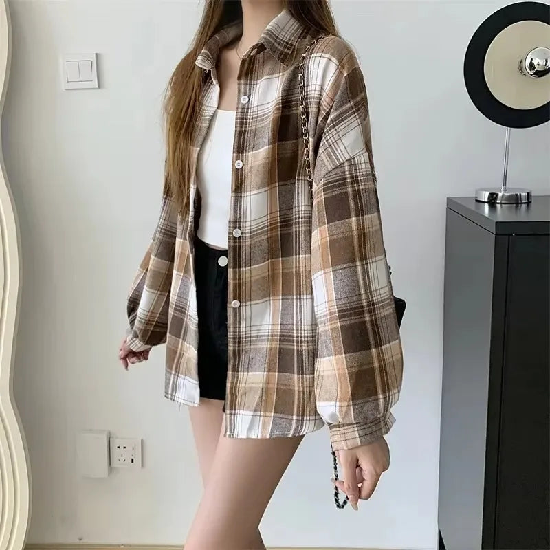 Vintage plaid shirt brown check close up fabric