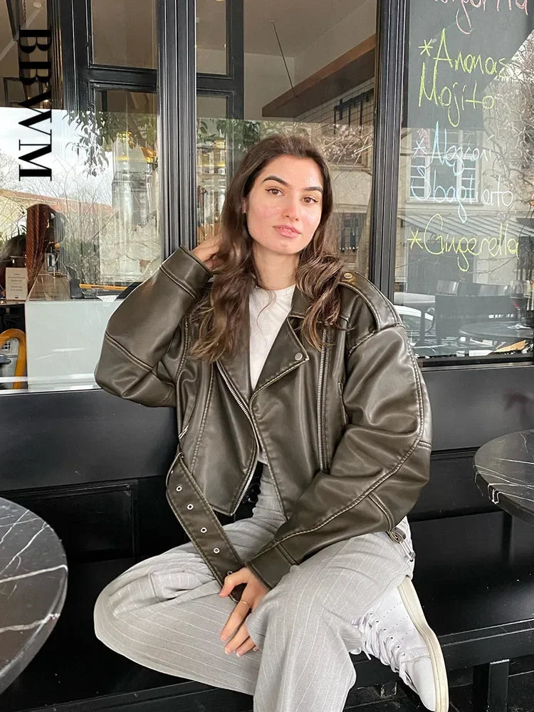 Faux Leather Moto Jacket | Belted Biker Coat