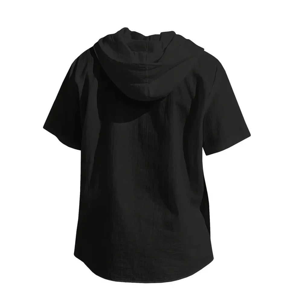 Hooded linen shirt front view white