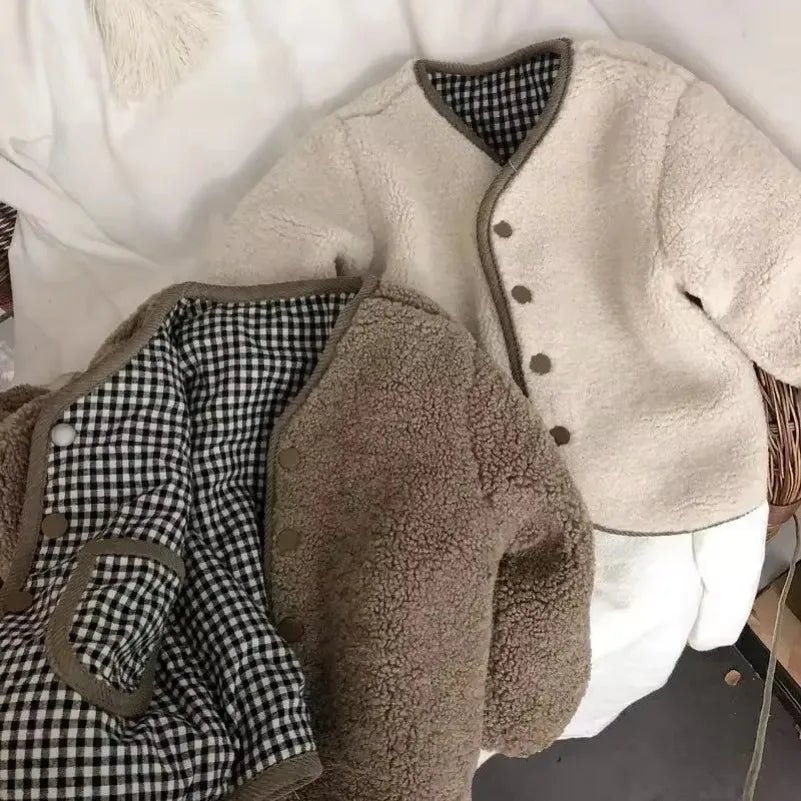 Kids reversible plaid jacket cream color option