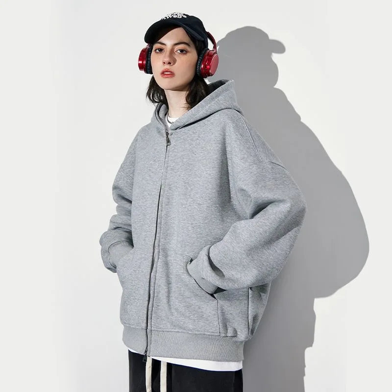 Double zip hooded jacket worn styled outfit gray