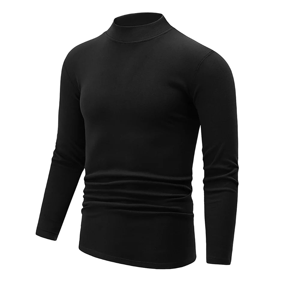 Men's semi-turtleneck long sleeve top worn under jacket