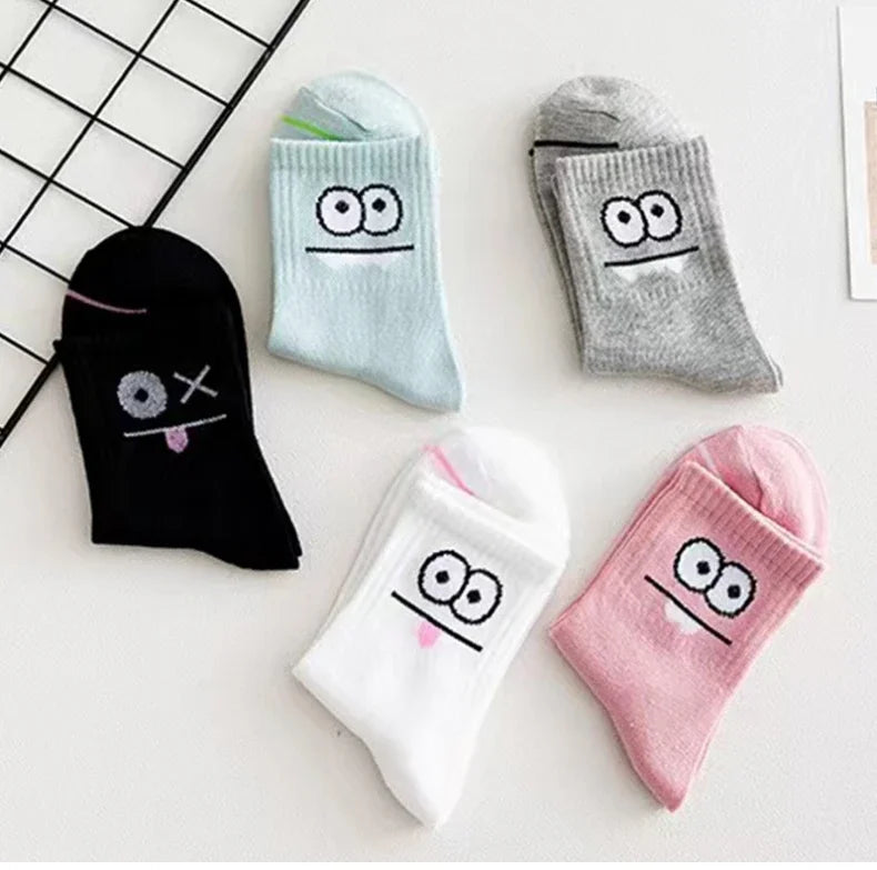 Women's funny expression print crew socks worn on feet