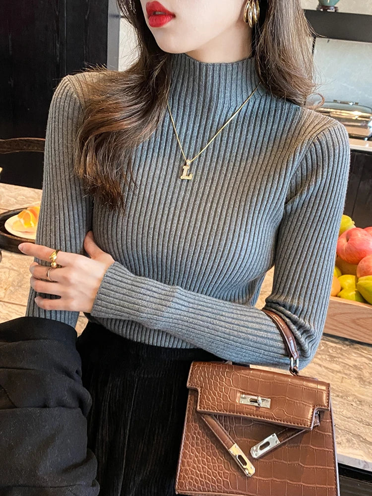  Slim turtleneck sweater gray worn close up