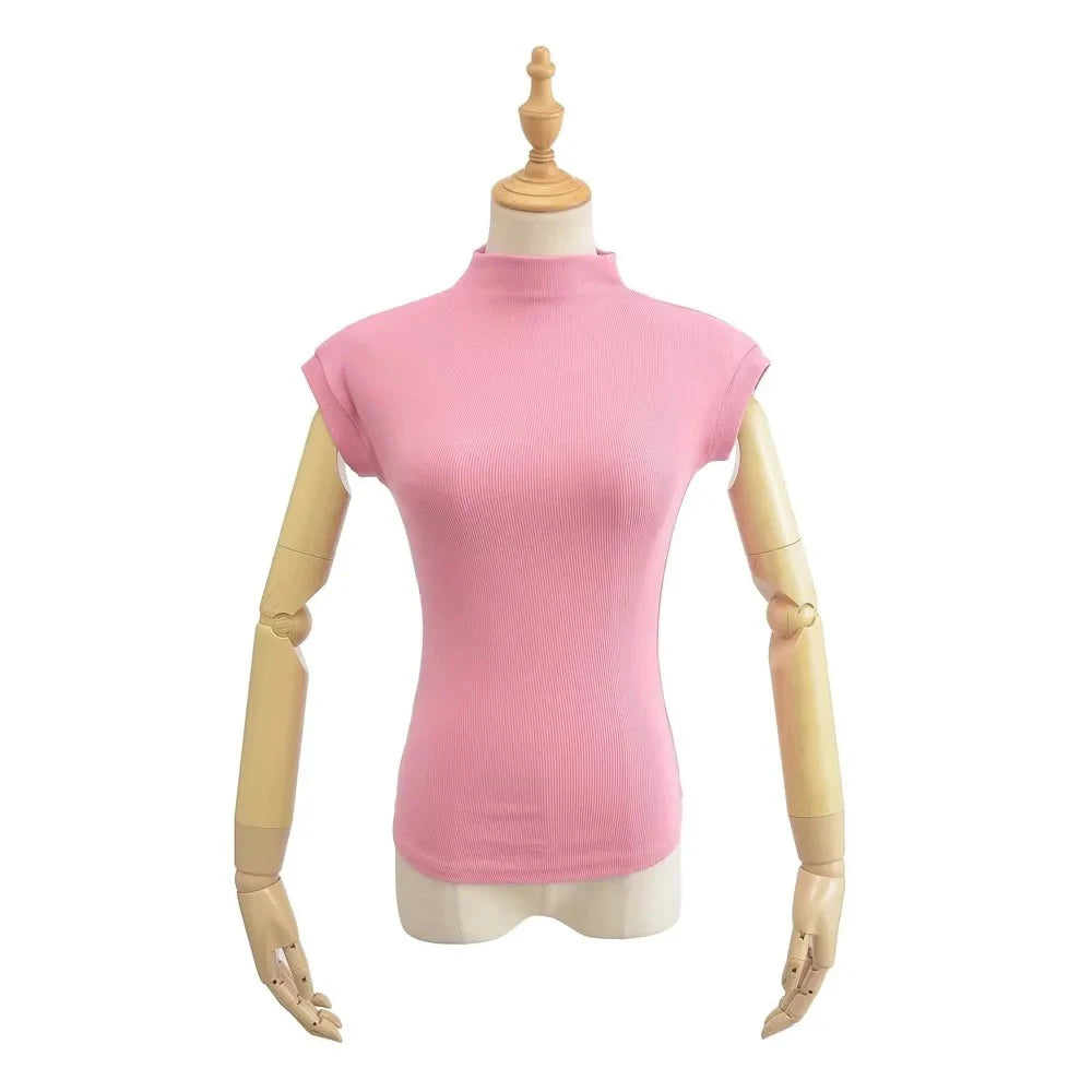 Sleeveless turtleneck top close up fabric texture