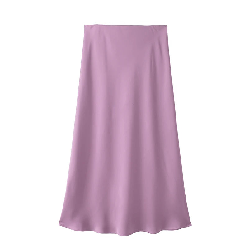 High waist satin midi skirt worn styled outfit purple