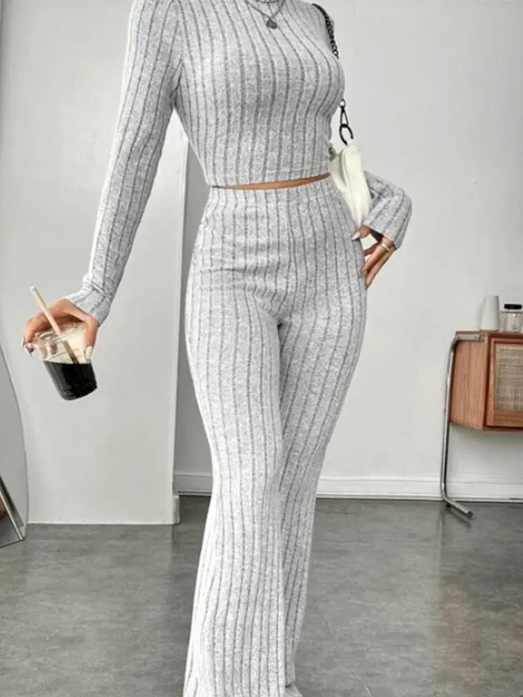 Crop Top and Trumpet Pants Set Stand Collar Two-Piece