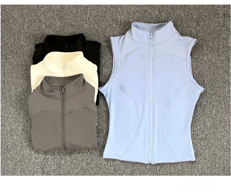 Women's zip-up yoga fitness tank top front view white