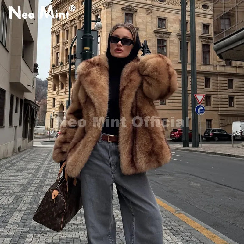 Women's faux fur striped oversized coat front view brown