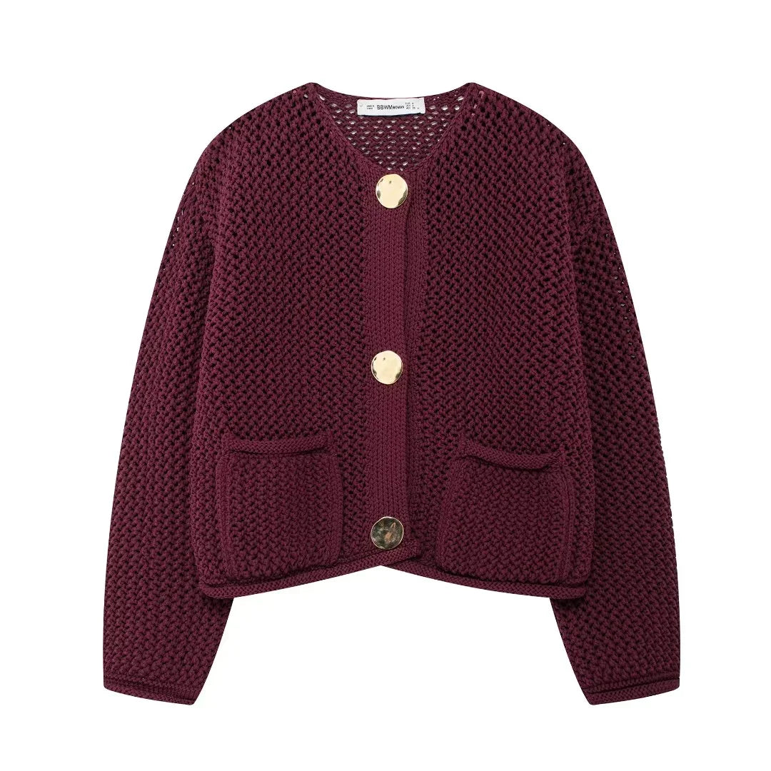  Cropped knit cardigan burgundy flat lay button detail