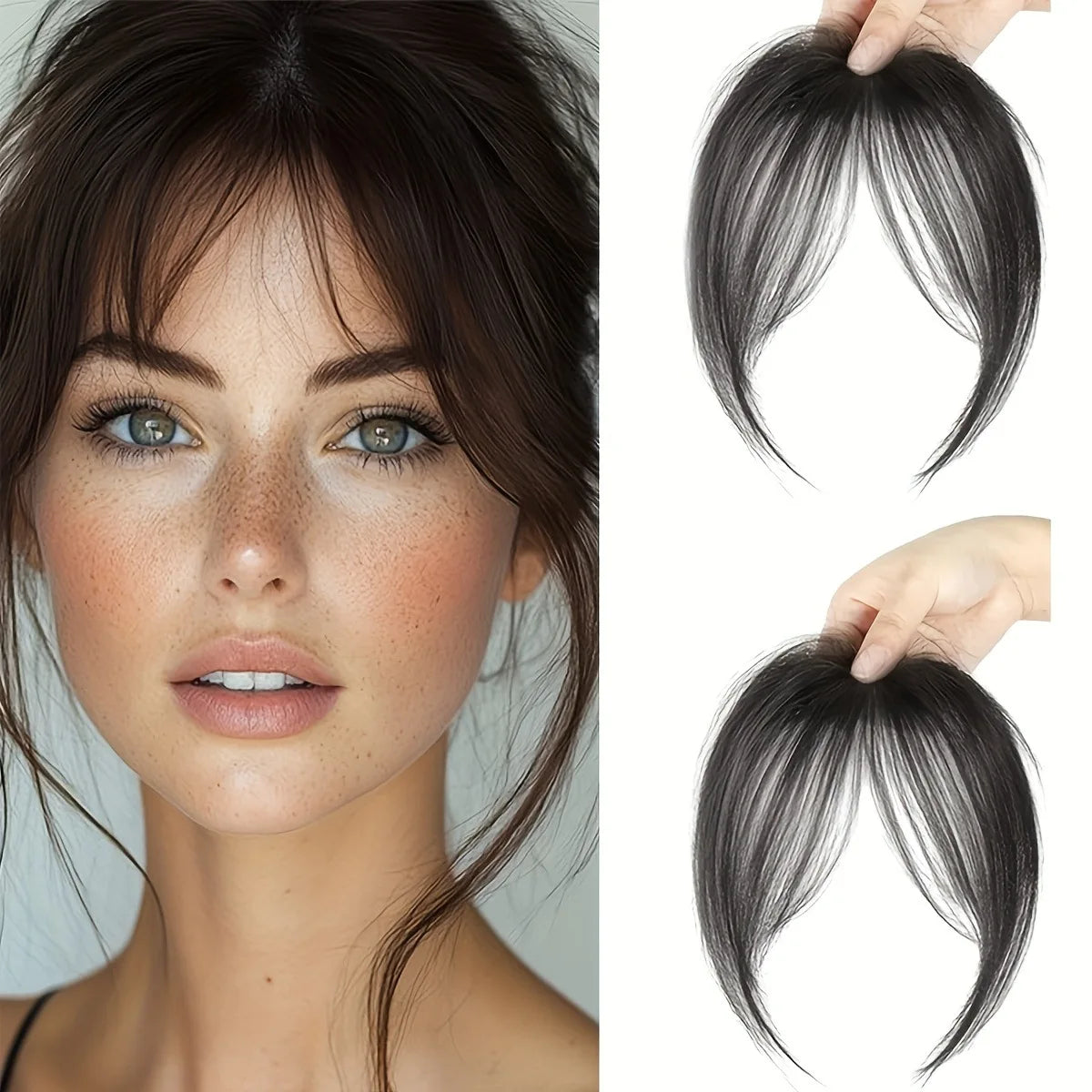 Clip-in bangs hair extension worn on model