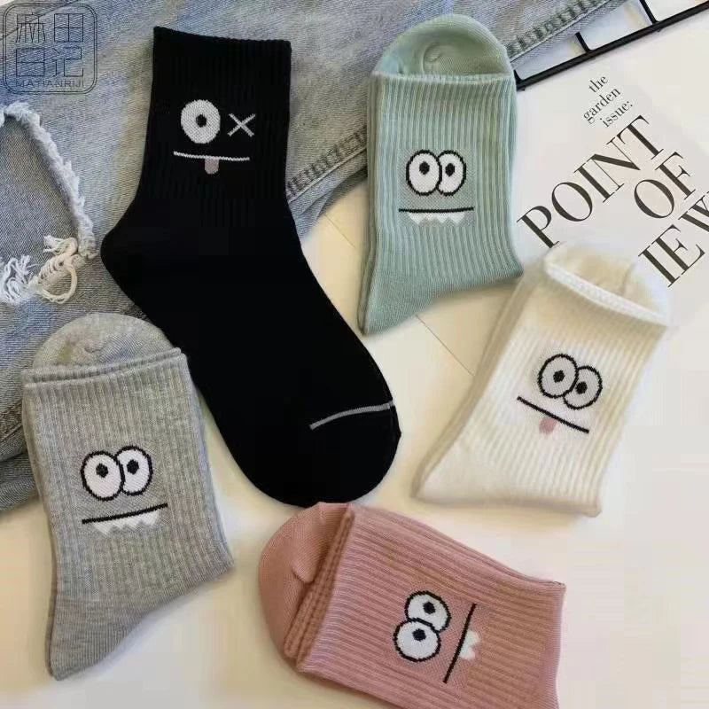 Women's funny expression print crew socks worn on feet