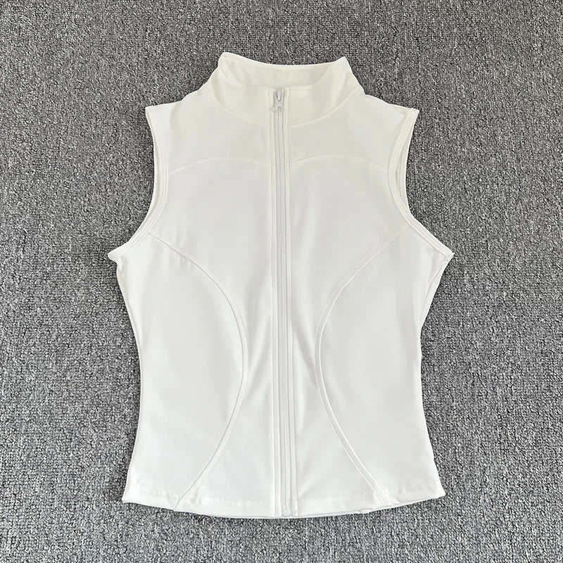 Women's zip-up yoga fitness tank top front view white
