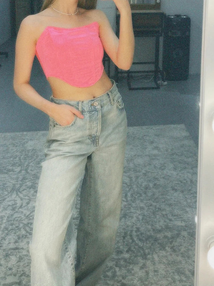 Corset crop top pink front view