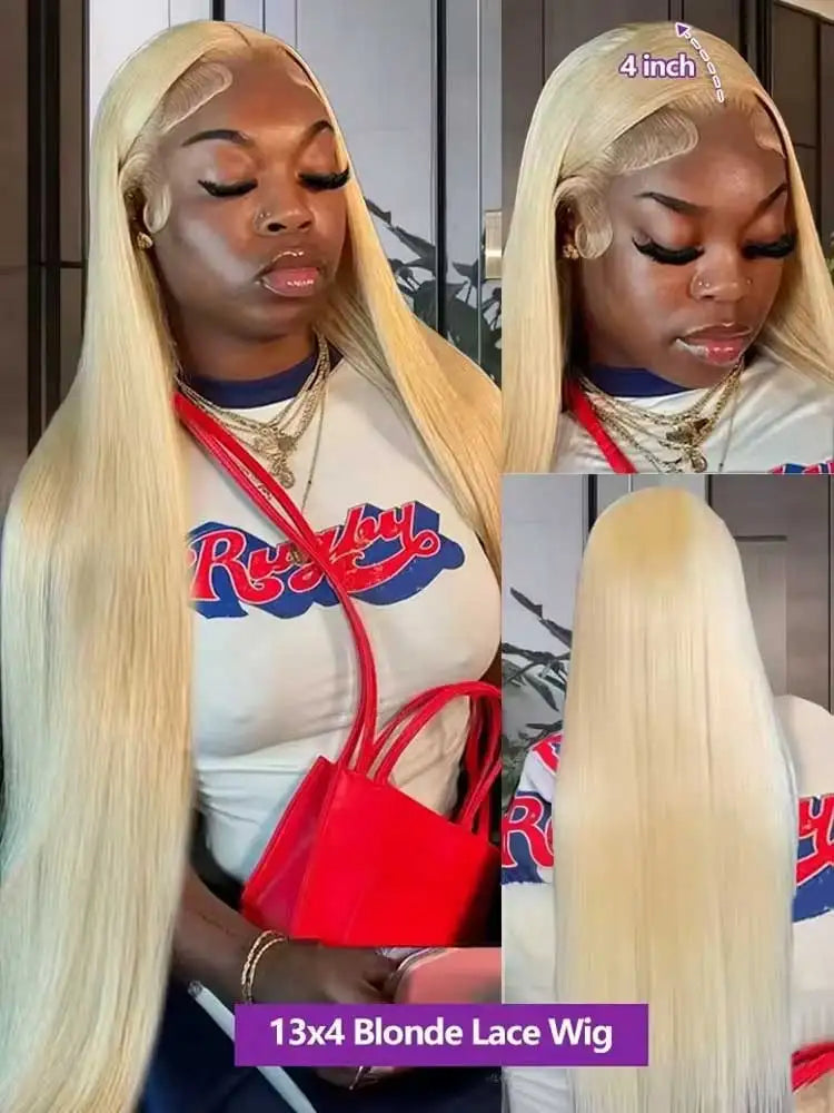 Bone straight blonde wig worn on model