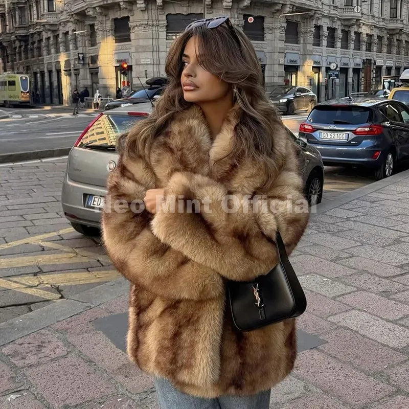 Women's faux fur striped oversized coat front view brown