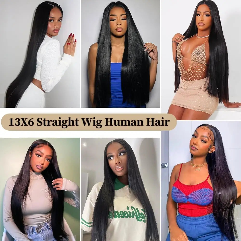 HD lace front straight human hair wig worn on model