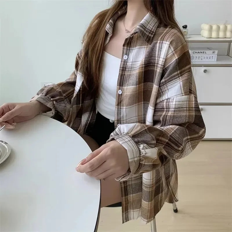Vintage plaid shirt brown check worn close up
