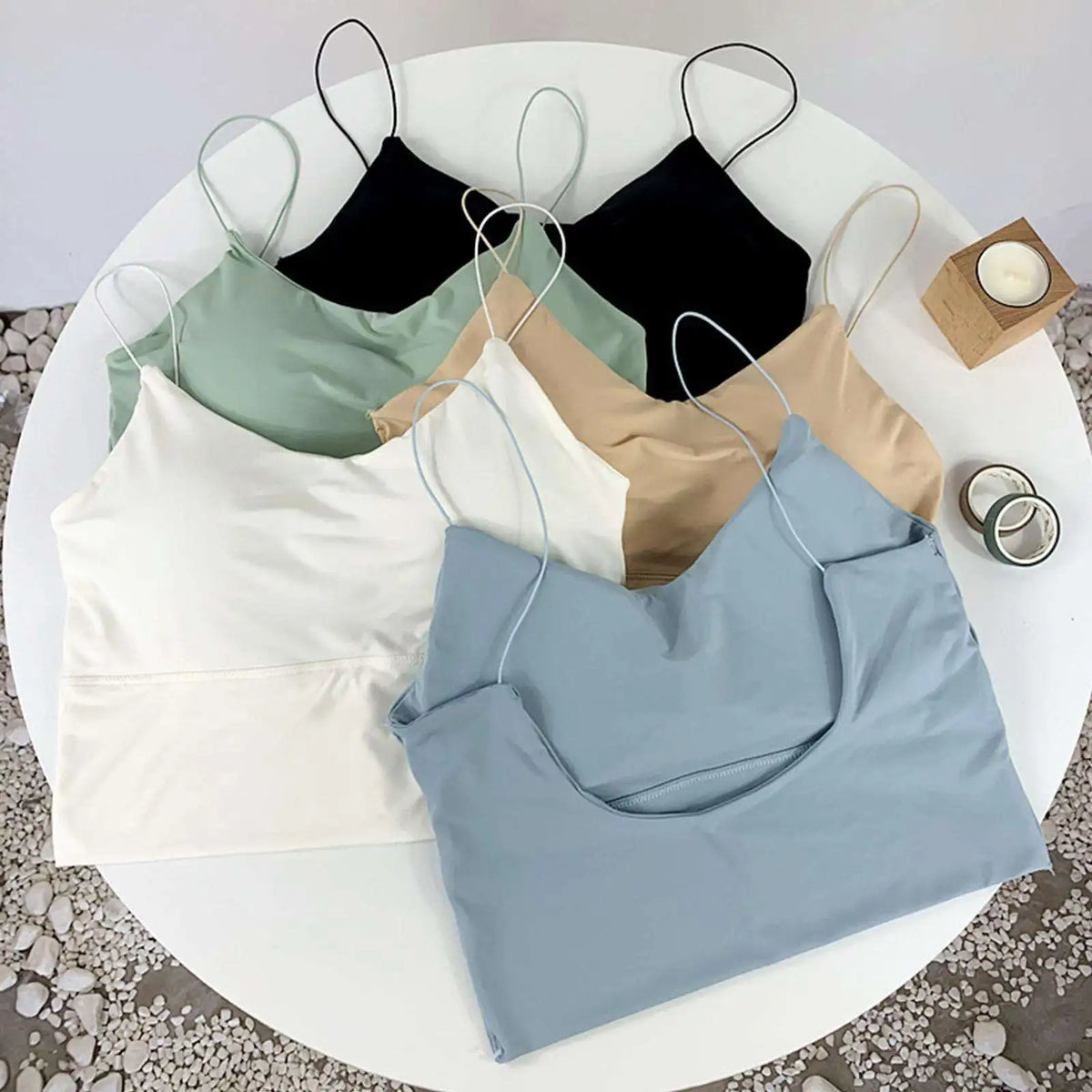 Seamless padded camisole flat lay blue and black