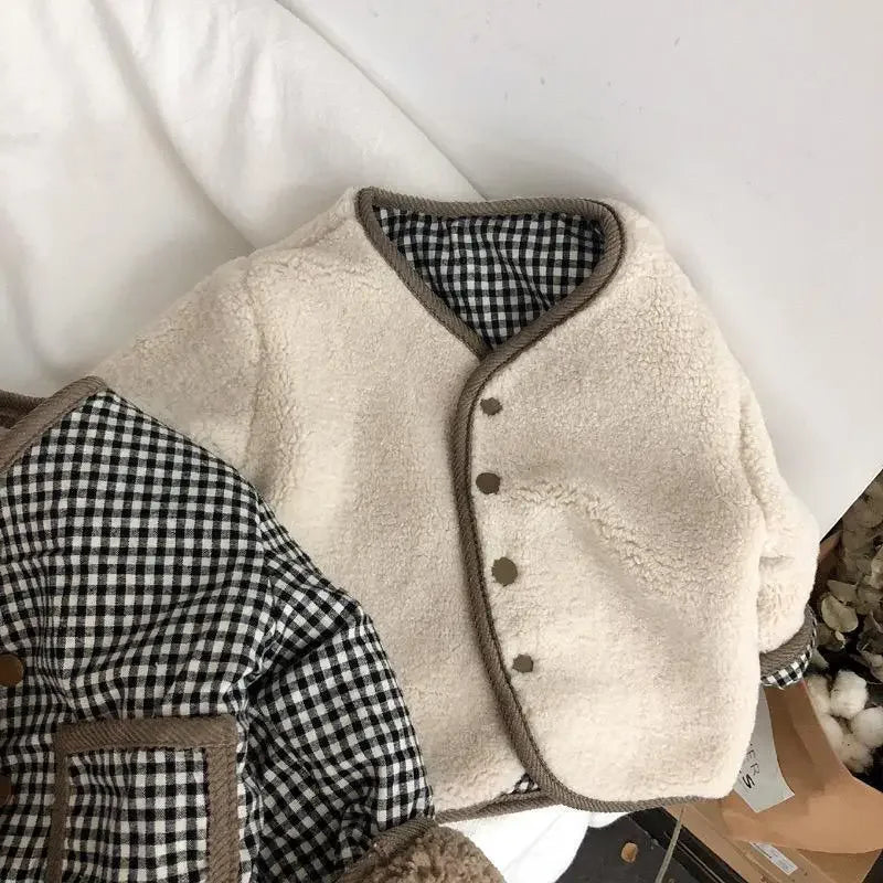 Kids reversible plaid jacket cream color option
