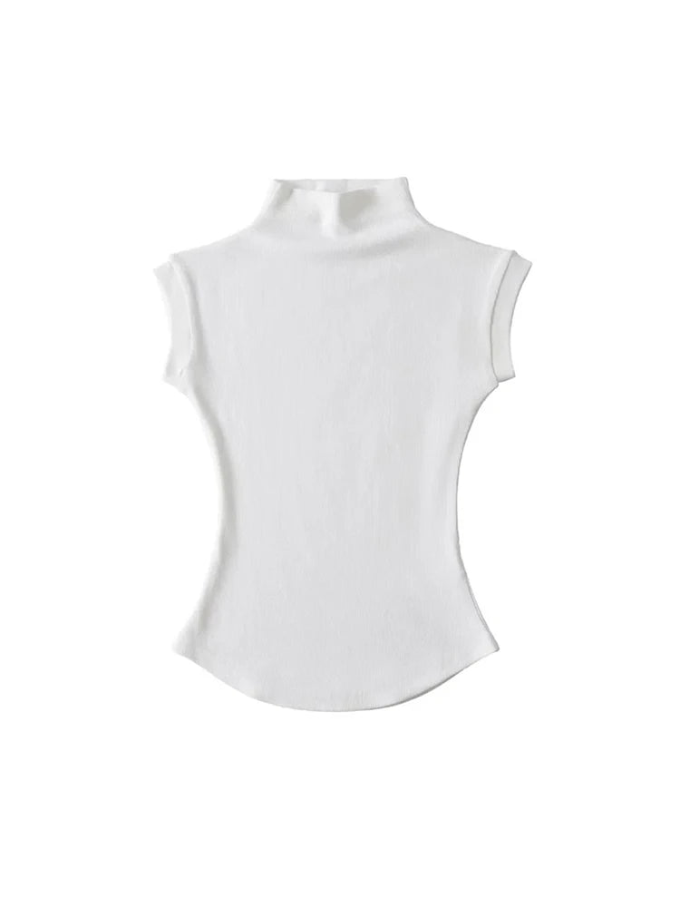 Sleeveless turtleneck top back view coffee