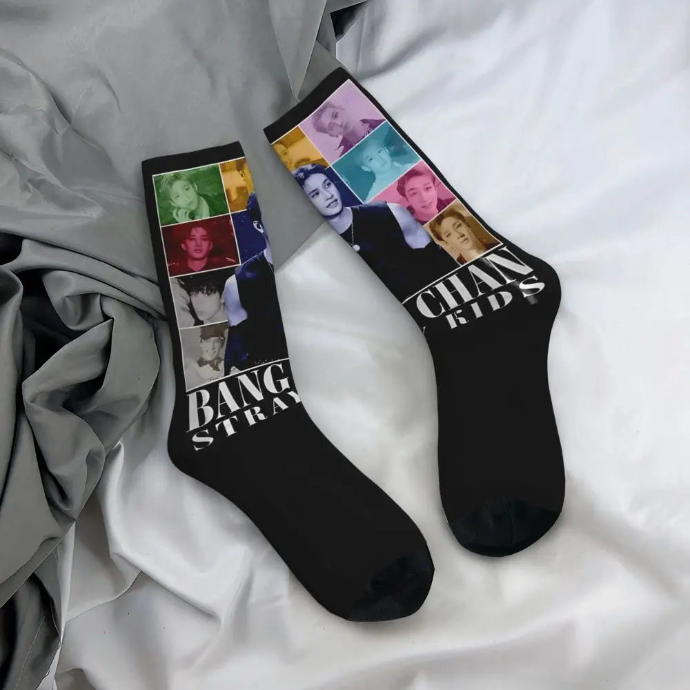 Men's printed skateboard crew socks worn on feet