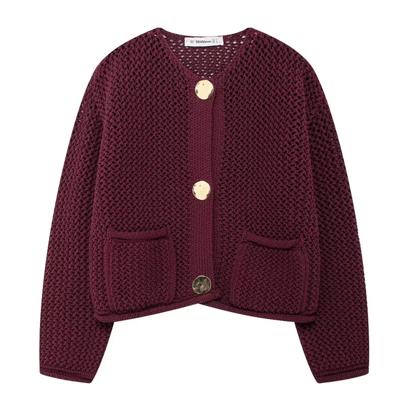 Cropped knit cardigan burgundy flat lay front close up