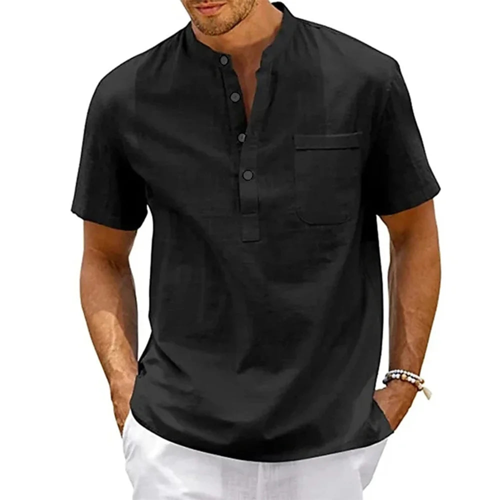 Men's linen henley beach shirt front view black
