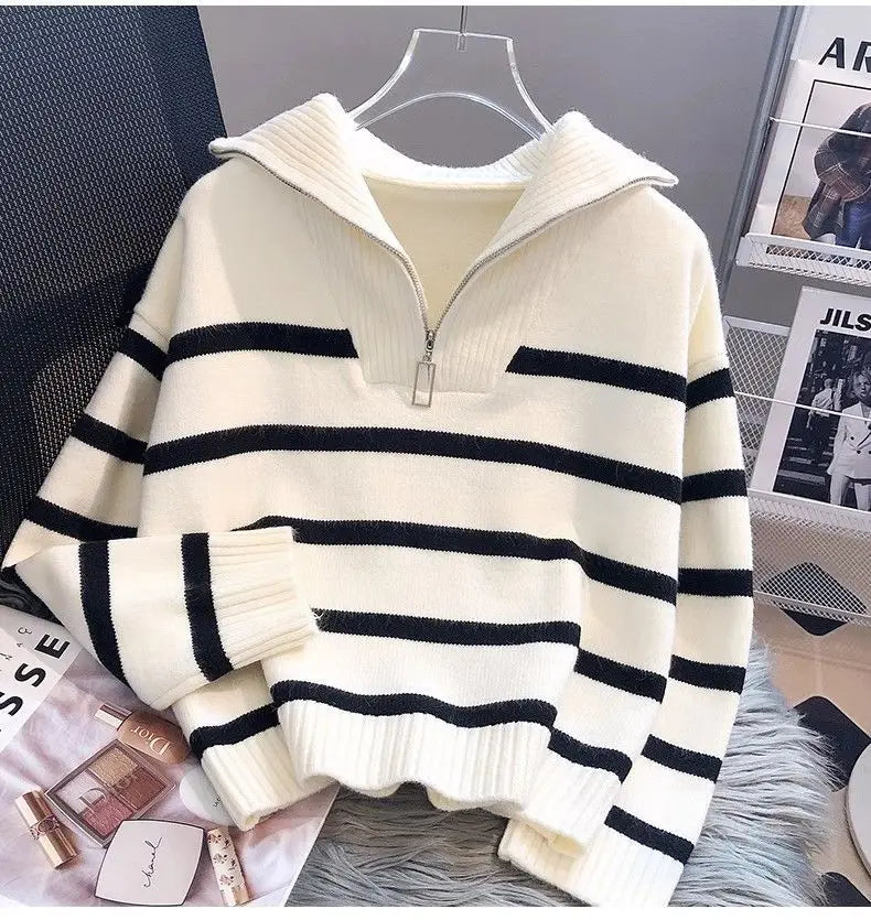 Zip stripe cropped sweater worn styled outfit