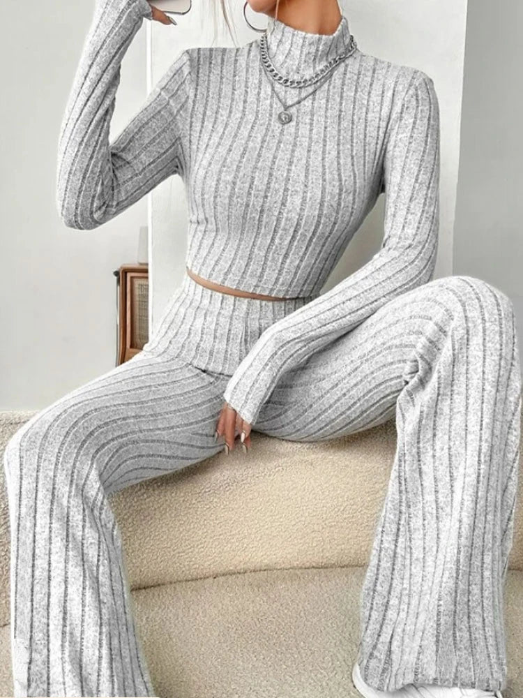 Crop Top and Trumpet Pants Set Stand Collar Two-Piece
