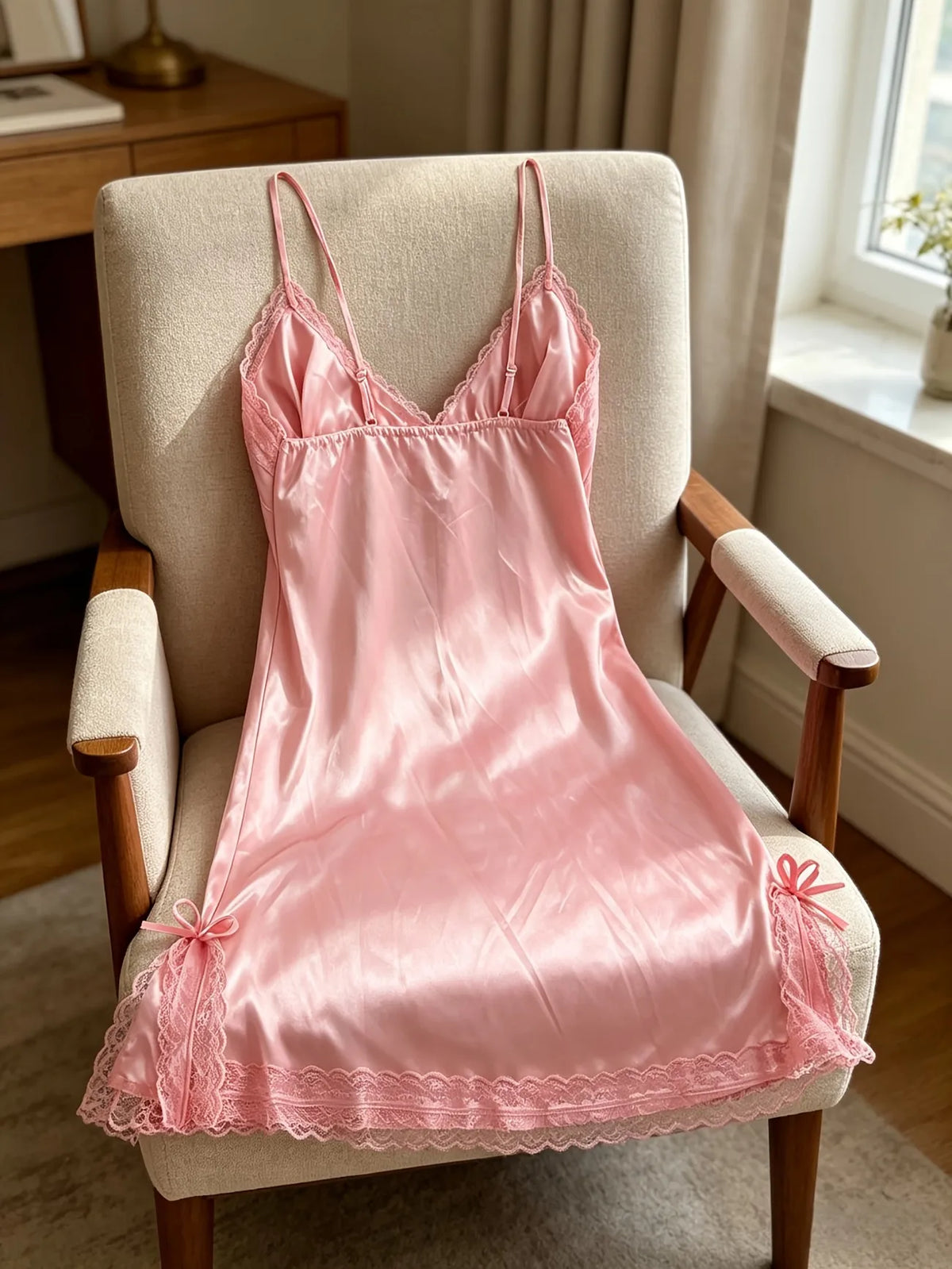 Women's satin slip nightgown worn model