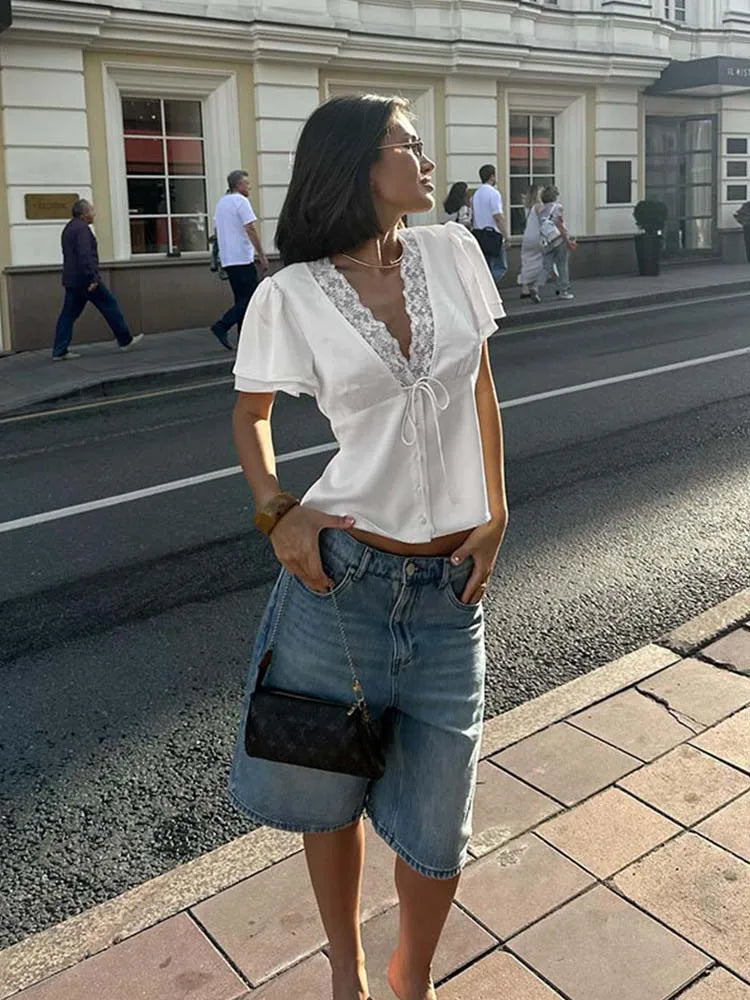 Lace V-Neck Top Women's Satin Slim Streetwear Tee